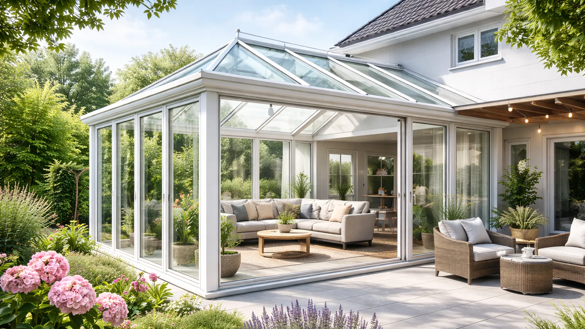 Véranda moderne avec vue sur jardin